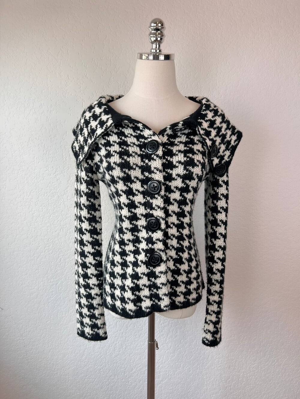 Vintage 90s Y2K Black White Houndstooth Button Up Cardigan Sweater Academia S P